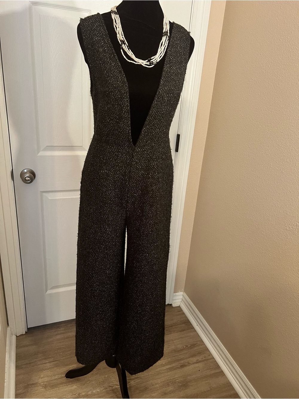 Sage Metallic Deep V Wide-Leg Jumpsuit in Black